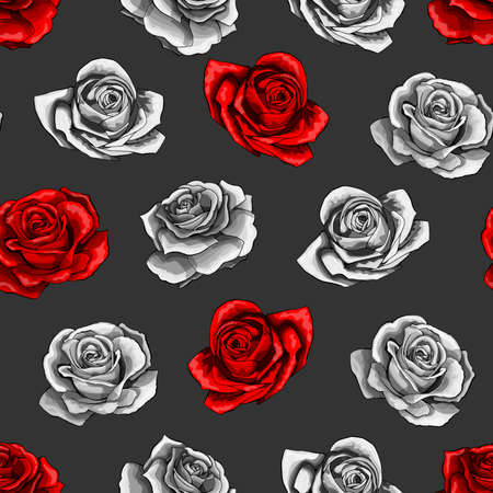 Red rose flower bouquets contour elements vector seamless pattern on gray background. Happy mother day, womens day, girls birthday, Valentines day. Gift box paper, textile, linen, dress print designのイラスト素材