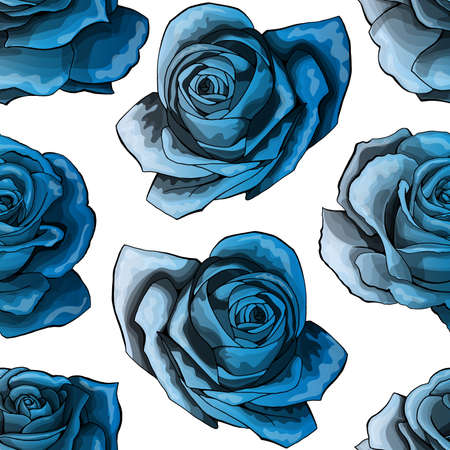 Sapphire roses vintage seamless pattern. Blue gradient rose flowers isolated on white background texture. Vector vintage retro fabrics textile illustration.のイラスト素材