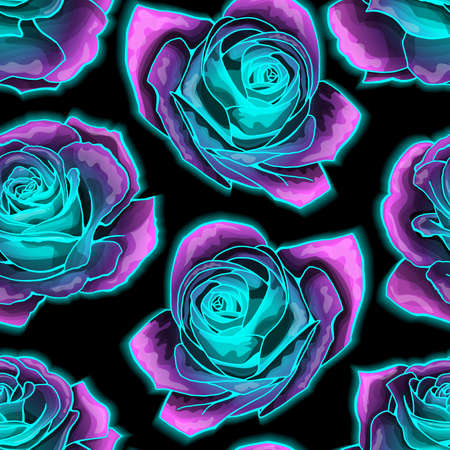 Vector seamless pattern with mysterious neon glowing roses. Vibrant and fluorescent, blossomng wonderland. Used as web wallpaper, poster, background.のイラスト素材