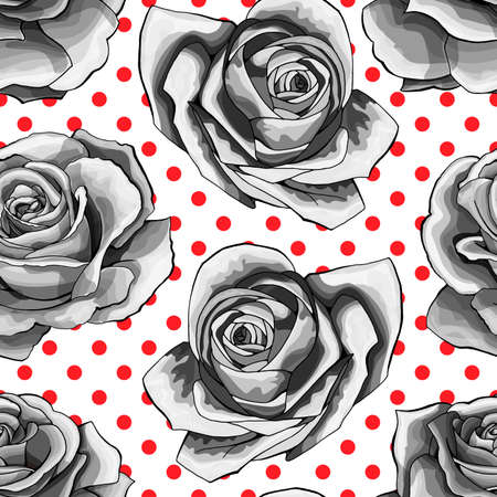 Seamless pattern, background with black outlined white roses, isolated on white background with red polka dots. Hand drawn colorful vector illustration for cute girl dress textile cloth.のイラスト素材