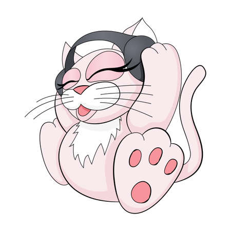 Cute and adorable colorful cat with headphones listening to music. Melody and notes musical theme element. Vector clip-art illustration.のイラスト素材