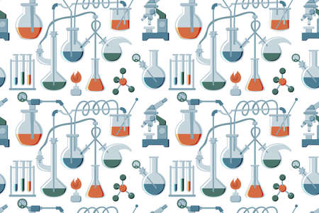 Cartoon hand drawn Science seamless pattern. Colorful flat, with lots of objects on white...