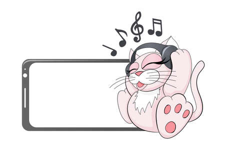 Cat in headphones listening to favorite music pet meloman funny vector clip-art illustration isolated on white. Melody and notes musical theme element. Simple device cute mockup template.のイラスト素材