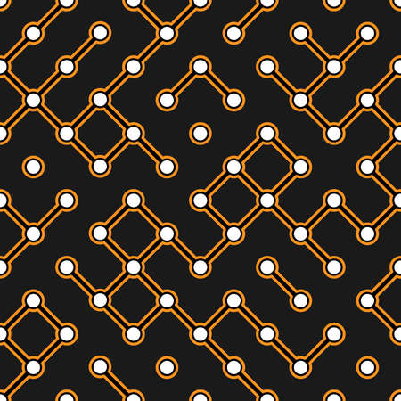 Black circuit board with orange connectors vector electroscheme seamless pattern