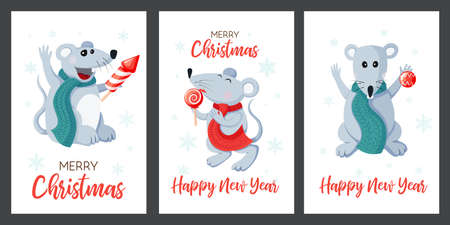 Holiday vector christmas cards set with smiling cute mouses. Merry christmas design with flat styled hand drawing cartoon characters and text. Collection of winter postcard templates on whiteのイラスト素材