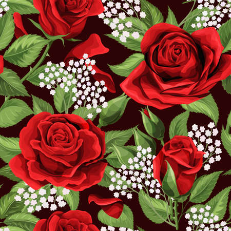 Red roses embroidery seamless pattern. Beautiful buds of red roses on blackのイラスト素材