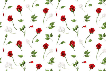 Red rose flowers and green leaves elements vector seamless patternのイラスト素材