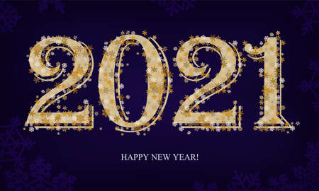2021 Happy New Year text shiny golden sparkling confetti on dark blue