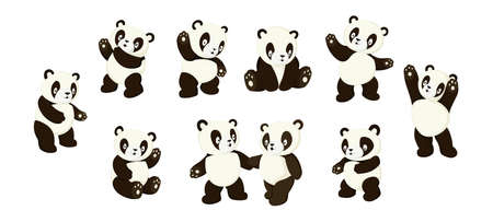 Set of cute cartoon panda characters with various emotions vector illustrationのイラスト素材