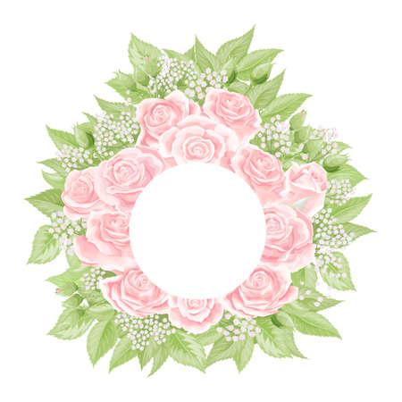Pink cream rose frame in the shape of circle, hand draw vector illustration. Blank template element for postcard design or photo frameのイラスト素材