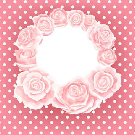 Vector postcard template of pink cream rose flower on polka dot backgroundのイラスト素材