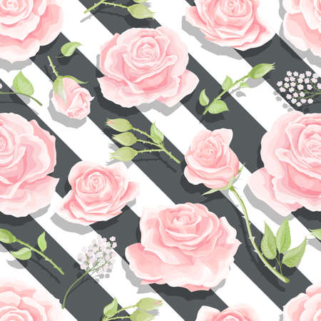 Pink roses seamless vector pattern with brushed stripes backgroundのイラスト素材