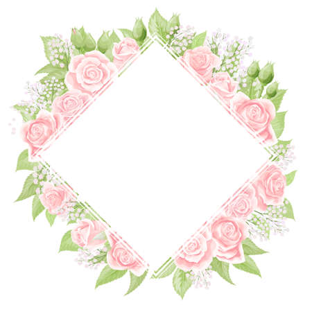 Pink cream rose square frame, hand draw vector illustrationのイラスト素材