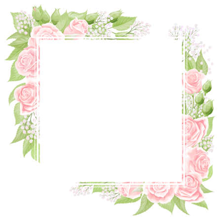 Pink cream rose square frame, hand draw vector illustration. Blank template element for postcard design or photo frameのイラスト素材