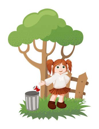 Girl throws garbage in the trash. Environmental protection, ecology conceptのイラスト素材