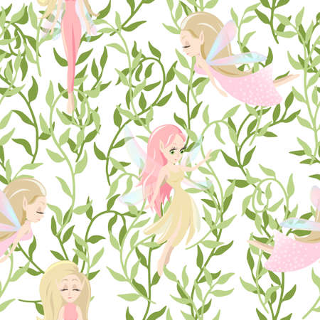 Vector seamless pattern with cute little fairy tale girls, mythical creaturesのイラスト素材