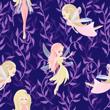 Vector seamless pattern with cute little fairy tale girls, mythical creaturesのイラスト素材