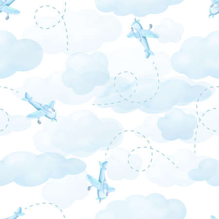 Airplanes flying from clouds isolated on white sky. Seamless pattern backgroundの写真素材