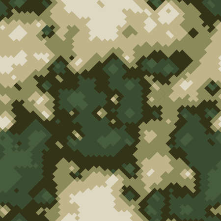 Seamless digital mountain pixel camo texture for army or hunting textile print. Vector digital military camouflage pattern. Beige and green moss color paletteのイラスト素材