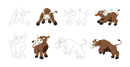 Vector cartoon style illustration of bull farm animal coloring book page setのイラスト素材