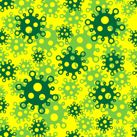 Seamless pattern with coronavirus symbols. Green cells on a yellow backgroundのイラスト素材