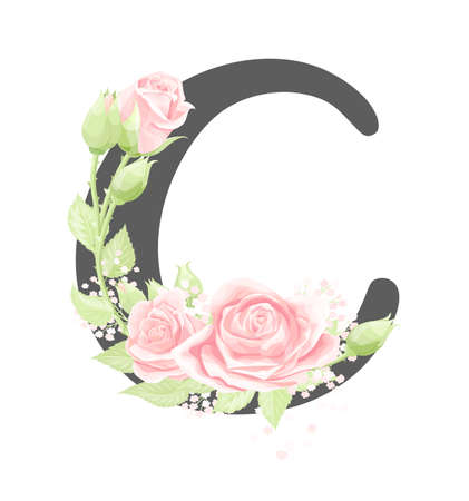 Vector floral alphabet letter C with pink cream rose flowers and green leavesのイラスト素材