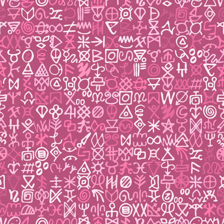 Colorful beautiful hand drawn mystic symbols on pink background patternのイラスト素材