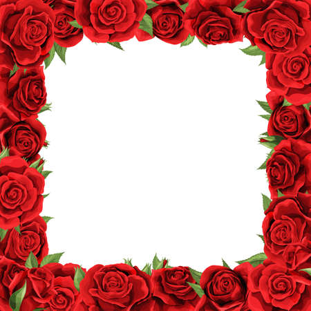 Elegant red roses and green leaves floral bouquet vector design frameのイラスト素材