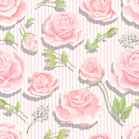 Cream pink roses seamless vector pattern with vertical stripes backgroundのイラスト素材