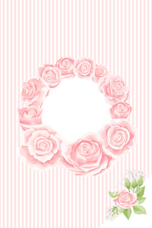 Cream pink rose frame in the shape of circle, hand draw vector poscard templateのイラスト素材