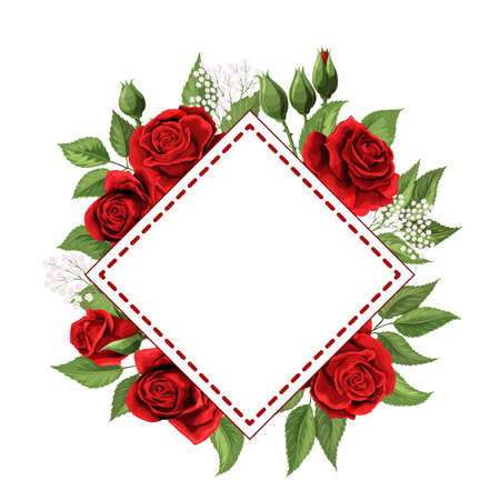 Blank vector frame with red rose flowers and leaves isolated on whiteのイラスト素材