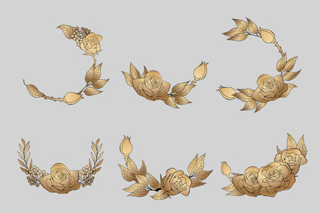 Roses hand drawing engraved. A blossoming rosebud. Golden vector illustration.のイラスト素材