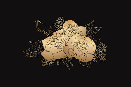 Roses hand drawing engraved. A blossoming rosebud. Golden vector illustration.のイラスト素材