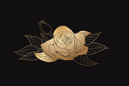 Roses hand drawing engraved. A blossoming rosebud. Golden vector illustration.のイラスト素材