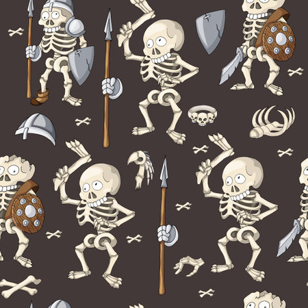 Halloween seamless pattern, background with cartoon hand drawn skeletonsのイラスト素材