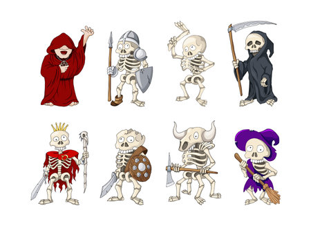 Vector Halloween set with cute creepy skeletons. Hand drawn cartoon charactersのイラスト素材