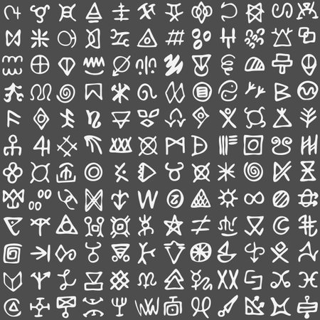 Grid of runes symbols. Ancient occult symbols, vikings like letters on whiteのイラスト素材