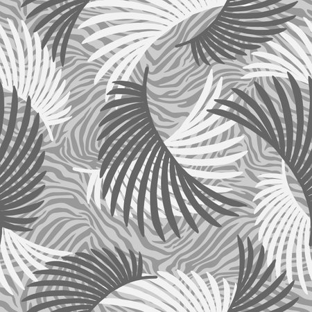 Tropical palm leaves jungle on zebra fur seamless vector pattern backgroundのイラスト素材