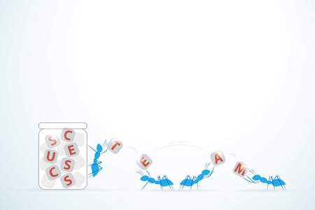 ants collecting cube sugar with team and success words to glass jar, teamwork and business conceptのイラスト素材