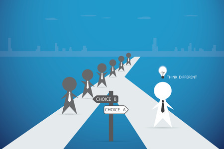 businessman walking out from the crowd with idea light bulb, decision and business conceptのイラスト素材