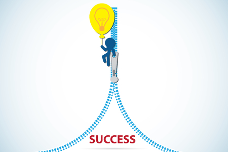 opened zip revealing a text success on white background with idea balloon and silhouette manのイラスト素材