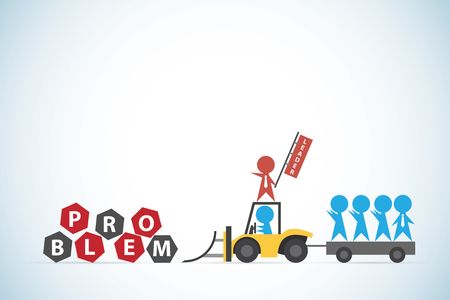 red businessman lead blue businessmen and tractor to manage the problem, leadership and business conceptのイラスト素材