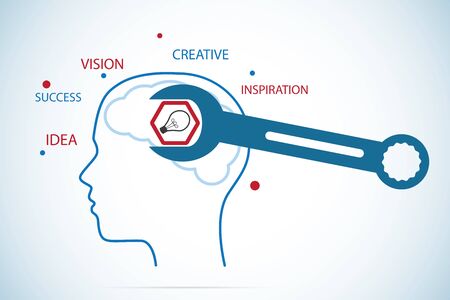 wrench screwing nut and light bulb icon on head outline, idea and business conceptのイラスト素材