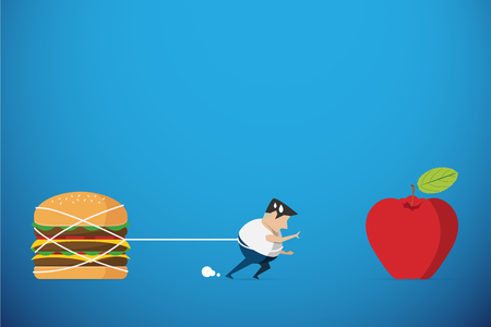 fat man trying walk to red apple but hamburger hold him back, diet and health conceptのイラスト素材
