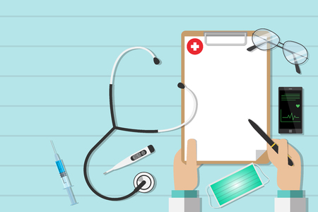 Top view workplace of a doctor with equipment, health conceptのイラスト素材