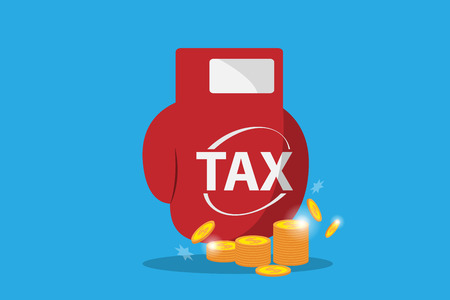 Boxing glove hit on  stack of golden coins, tax and business conceptのイラスト素材