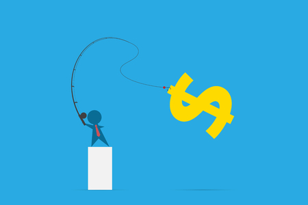 Businessman use fishing rod to get dollar symbol, idea and business conceptのイラスト素材