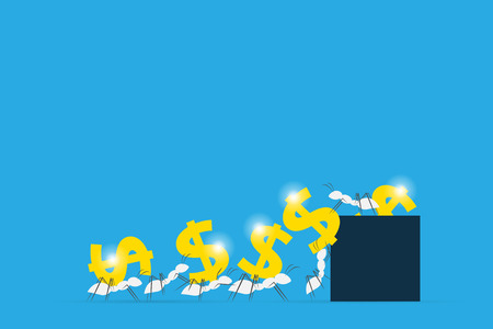 A white ants carrying dollar symbols into dark blue box, teamwork and business concept illustration.のイラスト素材