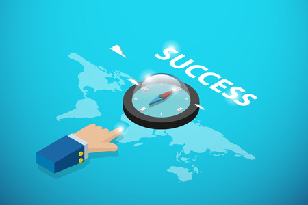 Isometric business hand point to compass and success word, leadership and business conceptのイラスト素材