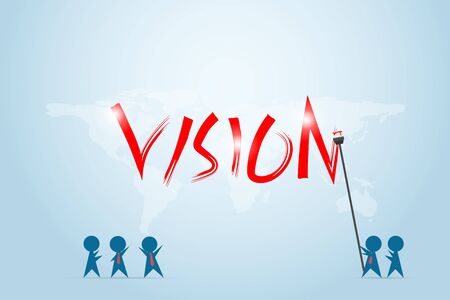 Businessman and his team writing vision word on world map wall, business conceptのイラスト素材